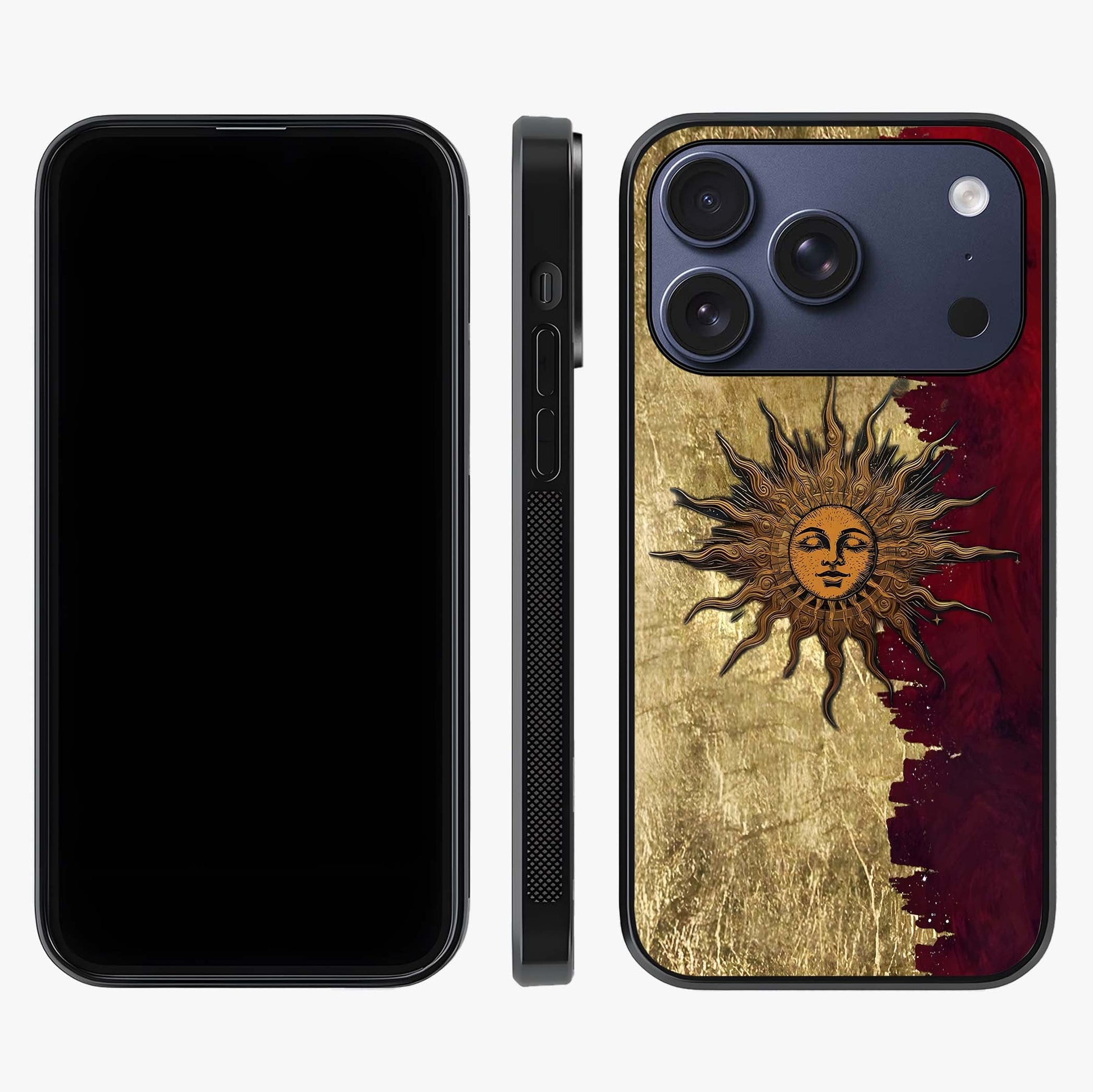 Crimson Sun Majesty Glass Case displayed upright for full design visibility and premium finish.