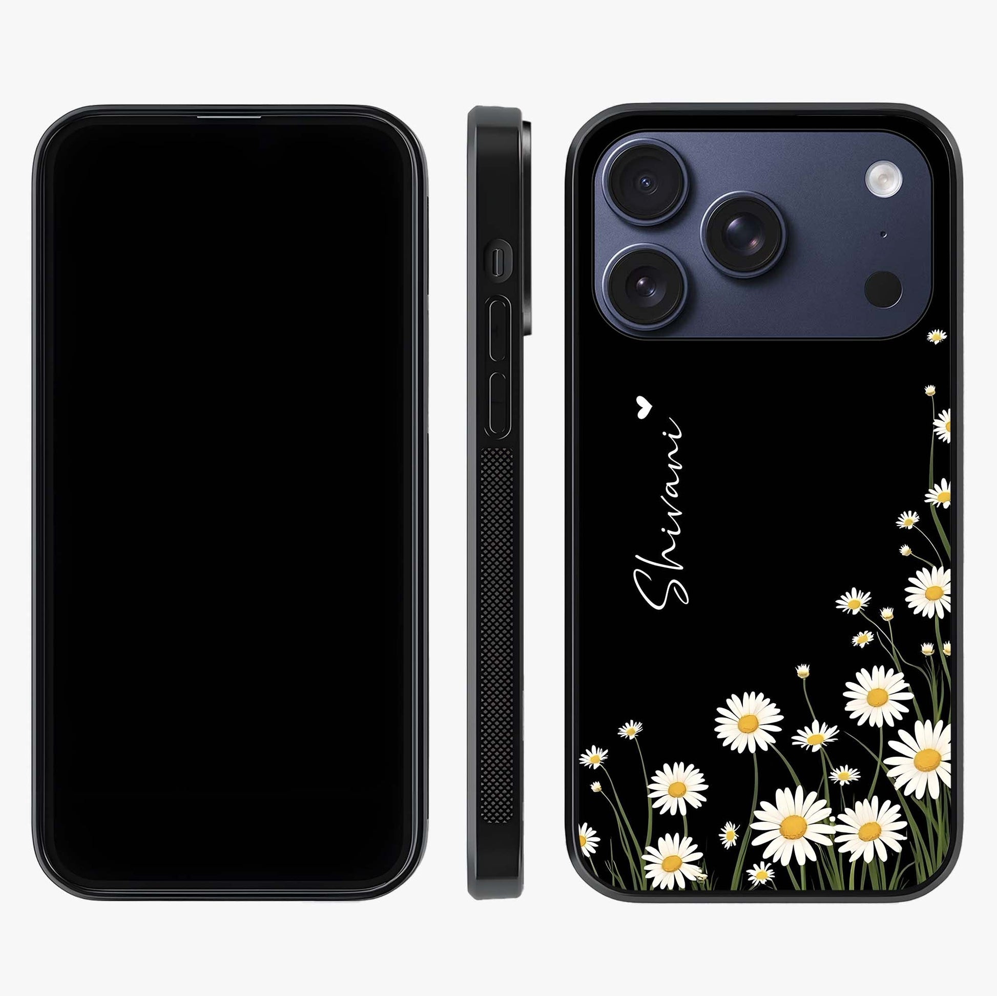 Daisy Cascade Custom Name Glass Case displayed upright for full design visibility and premium finish.
