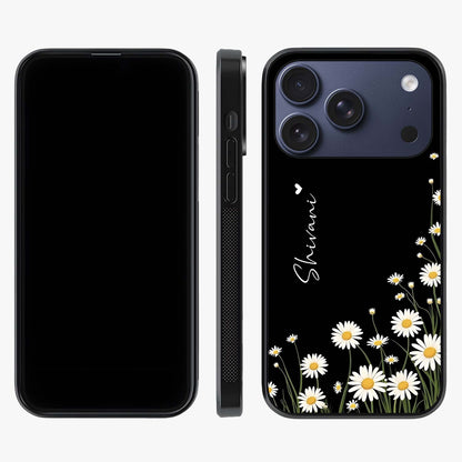 Daisy Cascade Custom Name Glass Case displayed upright for full design visibility and premium finish.