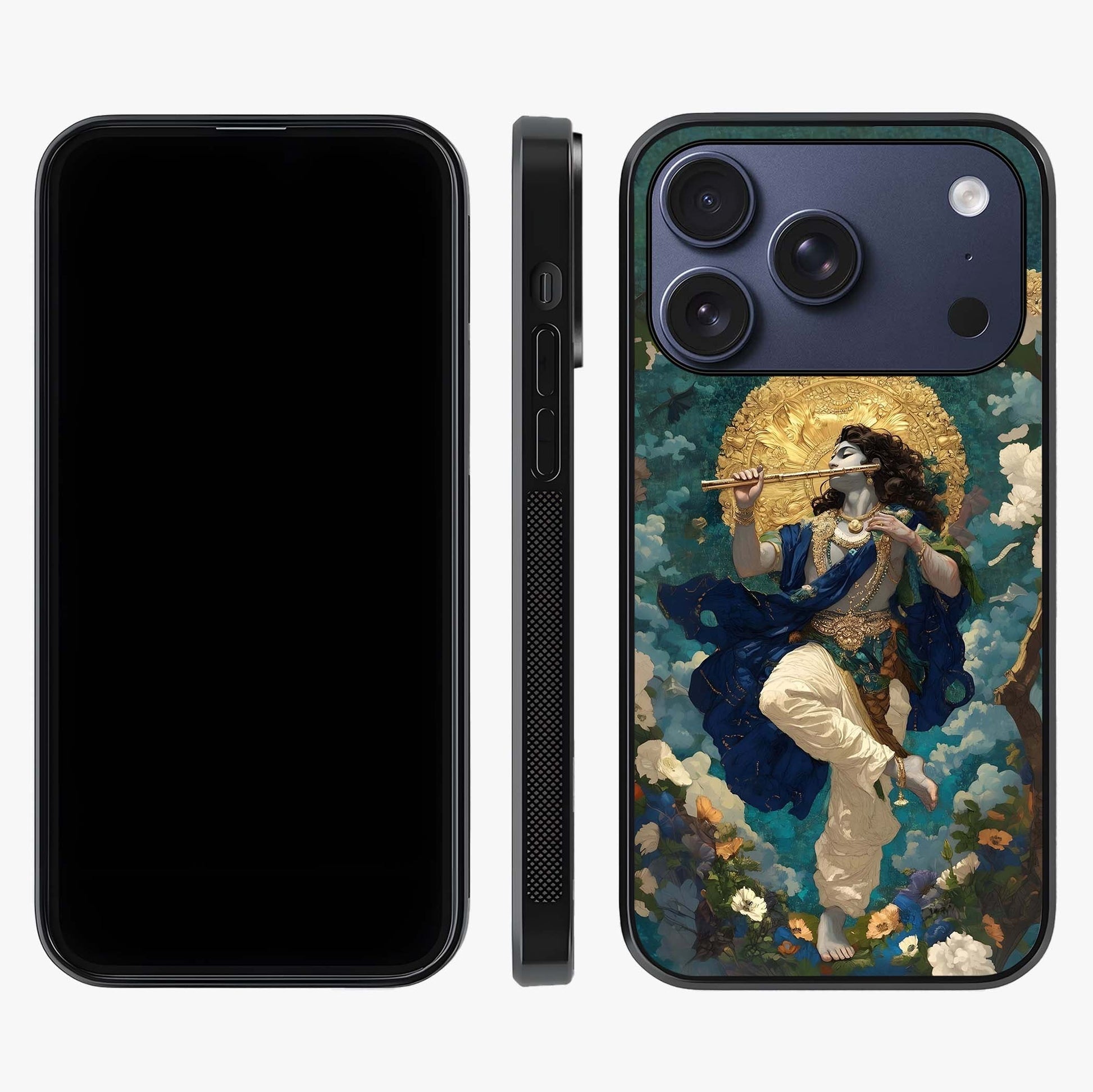 Divine Krishna Art Glass Case displayed upright for full design visibility and premium finish.