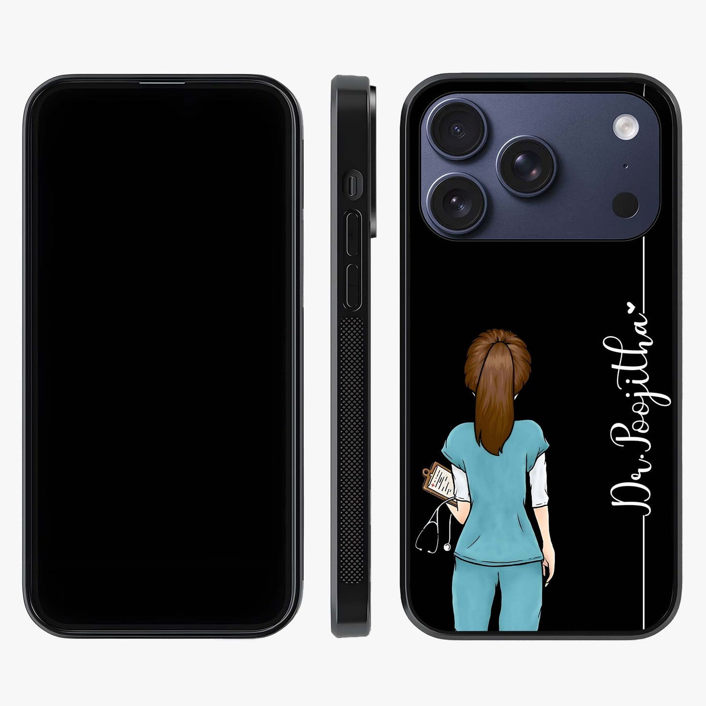 Doctor Pattern Custom Name Glass Case displayed upright for full design visibility and premium finish.