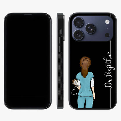 Doctor Pattern Custom Name Glass Case displayed upright for full design visibility and premium finish.