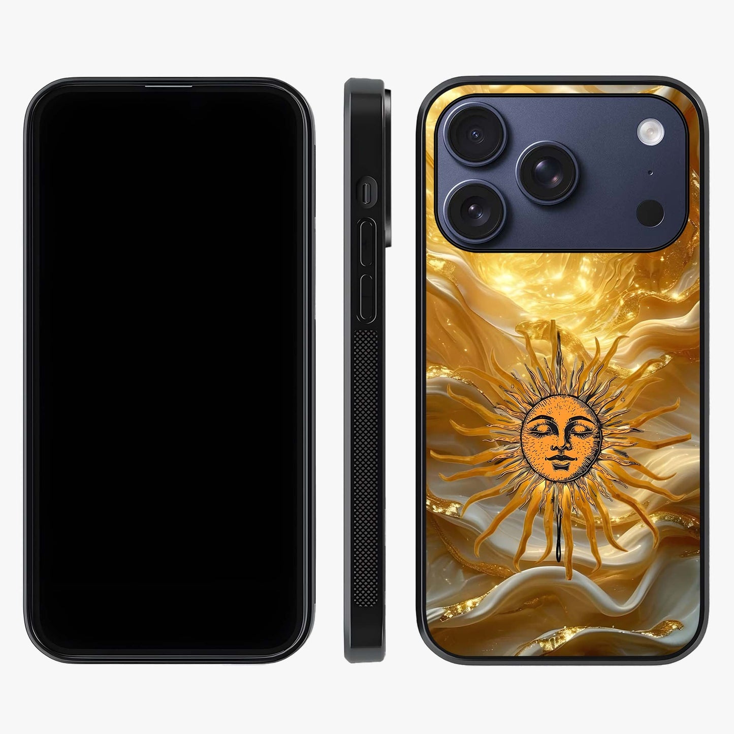 Eternal Golden Glow Glass Case displayed upright for full design visibility and premium finish.
