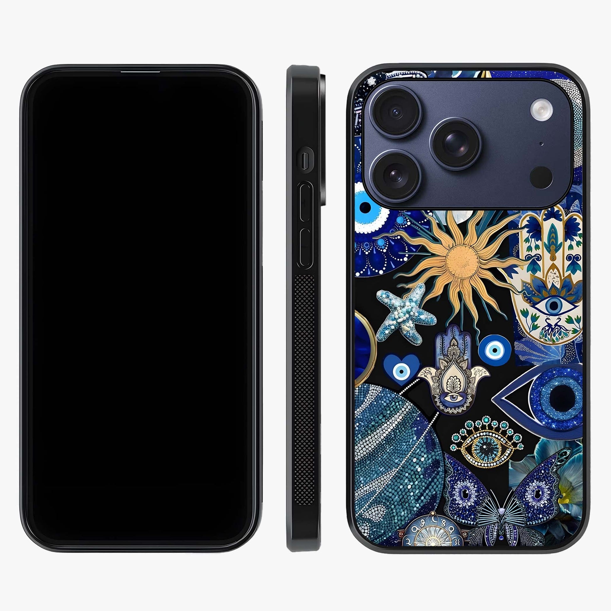 Evil Eye Charm Mix Glass Case displayed upright for full design visibility and premium finish.