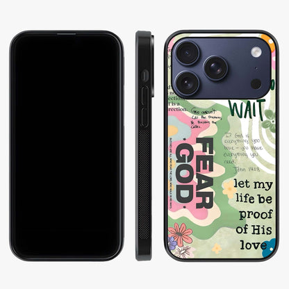 Faith Over Fear Glass Case displayed upright for full design visibility and premium finish.
