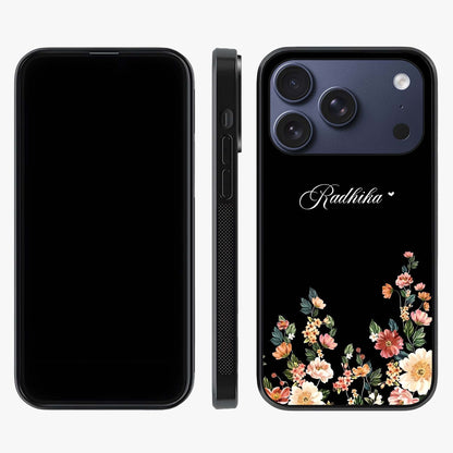 Floral Design With A Custom Personalized Name Glass Case displayed upright for full design visibility and premium finish.