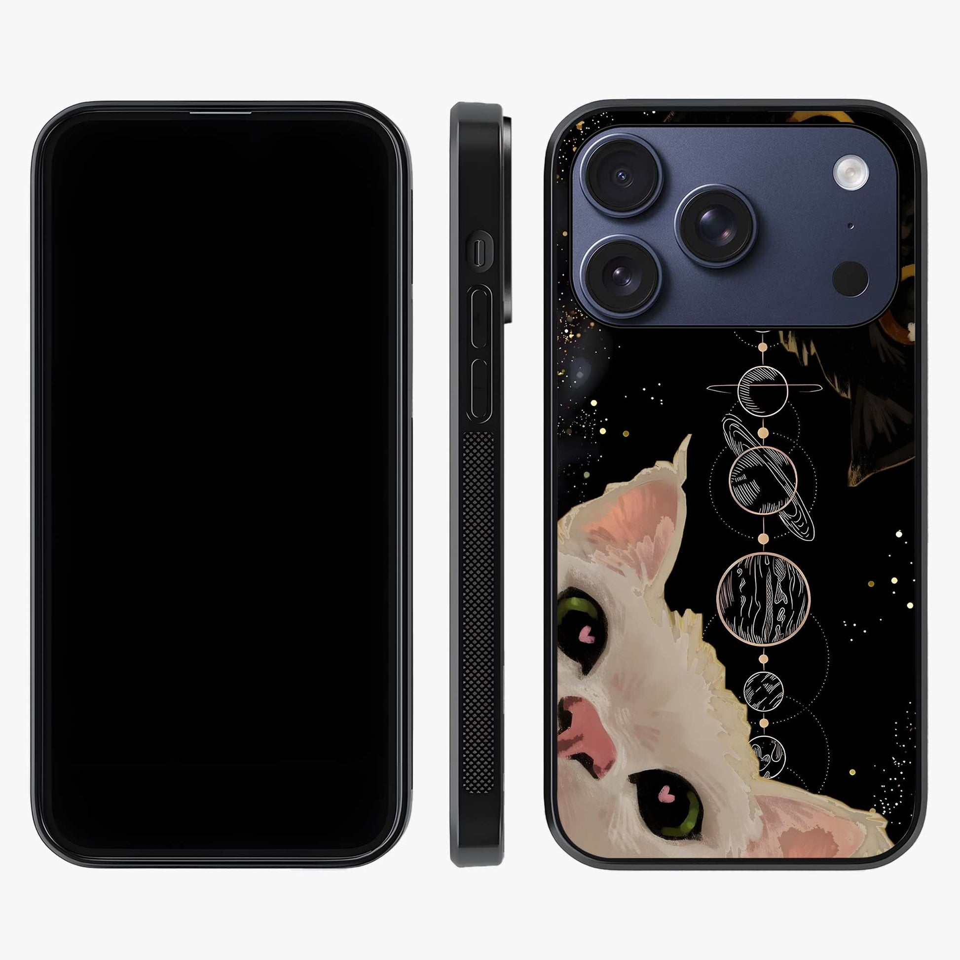 Galactic Cat Glass Case displayed upright for full design visibility and premium finish.