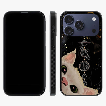 Galactic Cat Glass Case displayed upright for full design visibility and premium finish.
