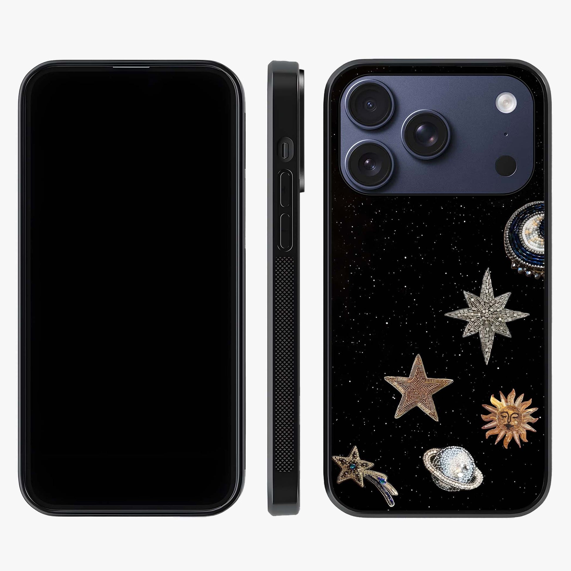 Galactic Charm Glow Glass Case displayed upright for full design visibility and premium finish.