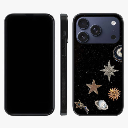 Galactic Charm Glow Glass Case displayed upright for full design visibility and premium finish.