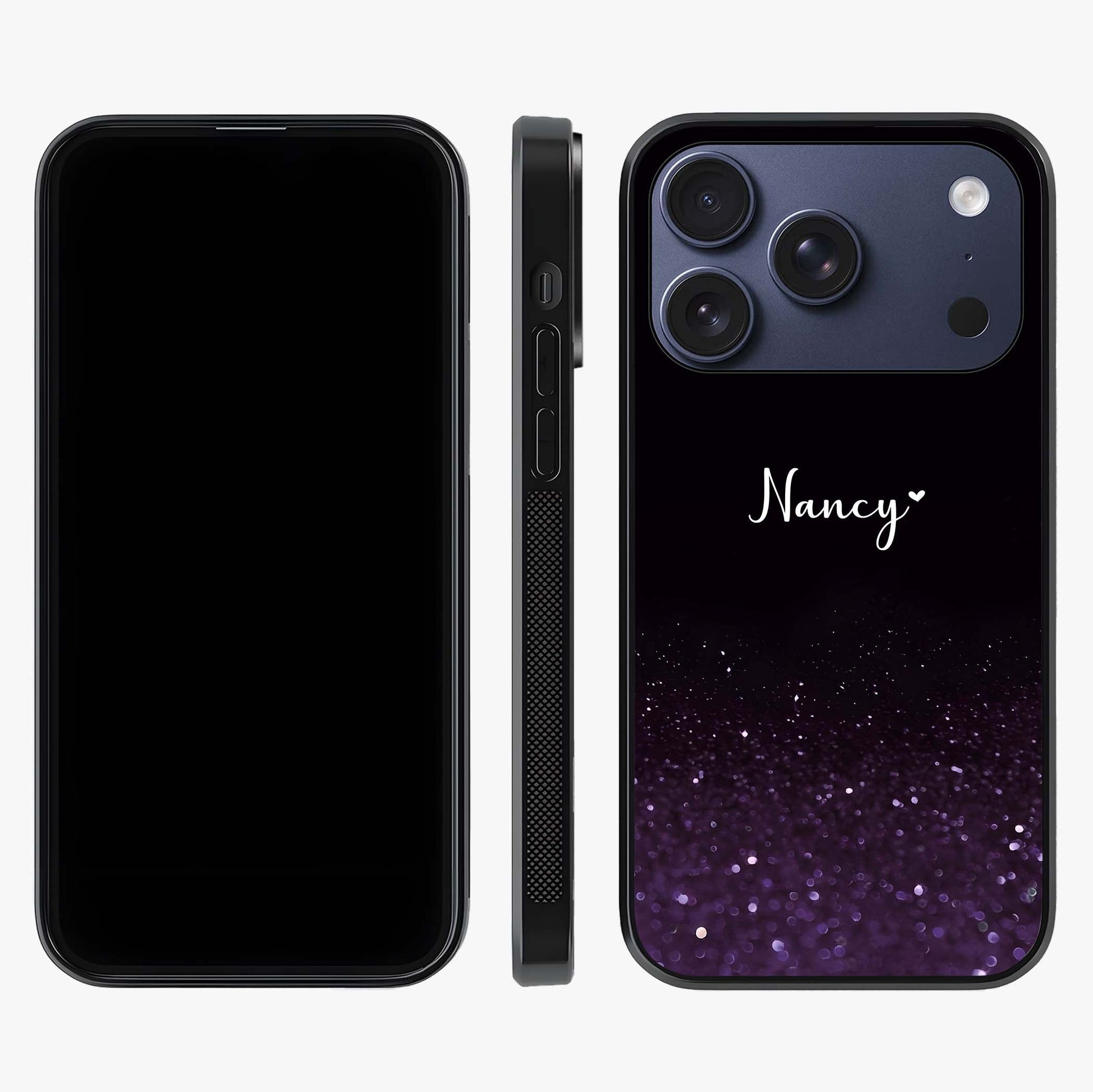Glittery Purple Bokeh Custom Name Glass Case displayed upright for full design visibility and premium finish.