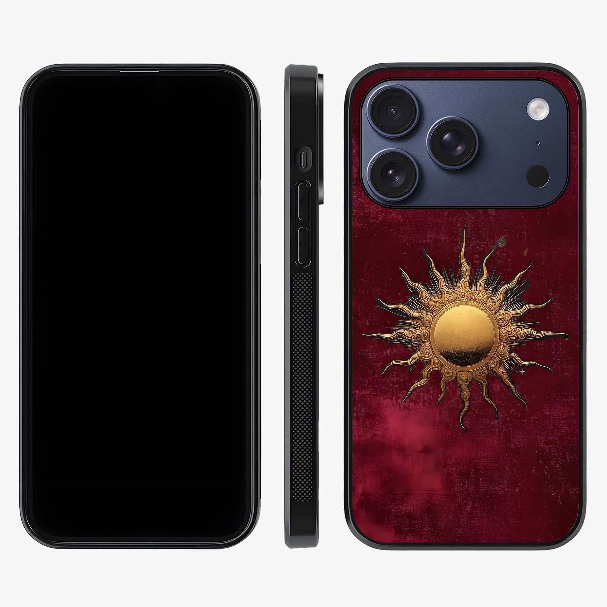 Gold Sun Blush Glass Case displayed upright for full design visibility and premium finish.