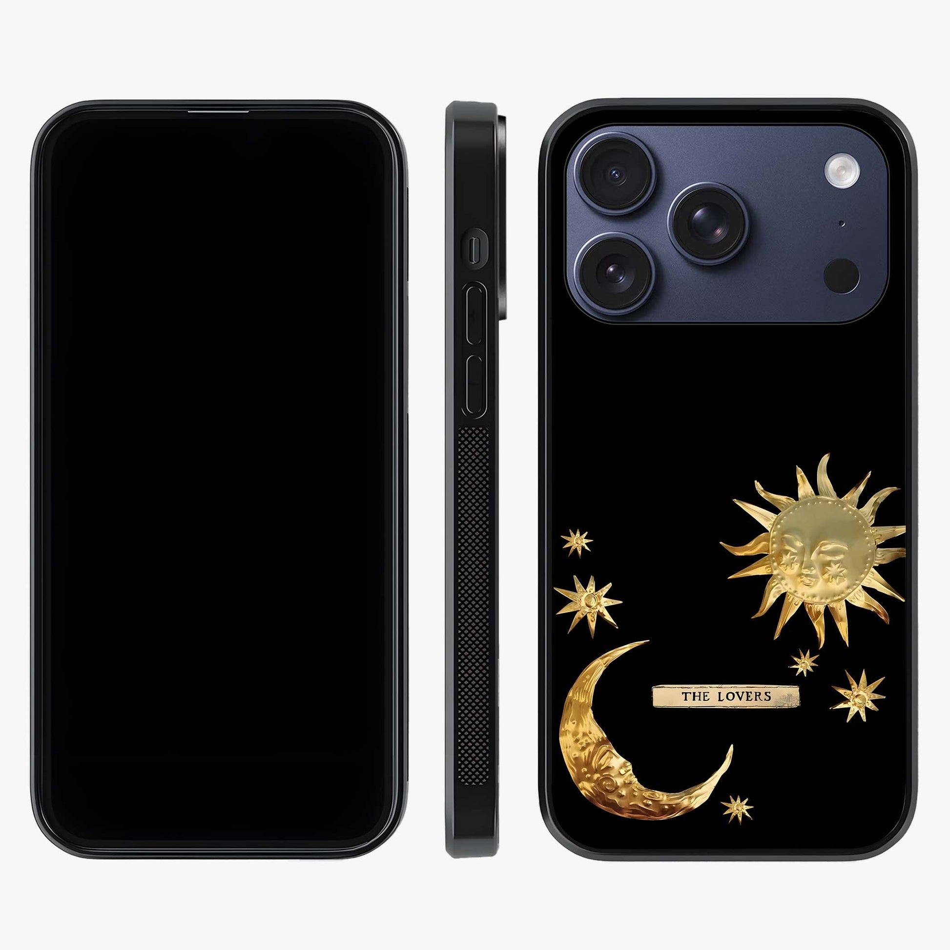 Golden Celestial Charm Glass Case displayed upright for full design visibility and premium finish.
