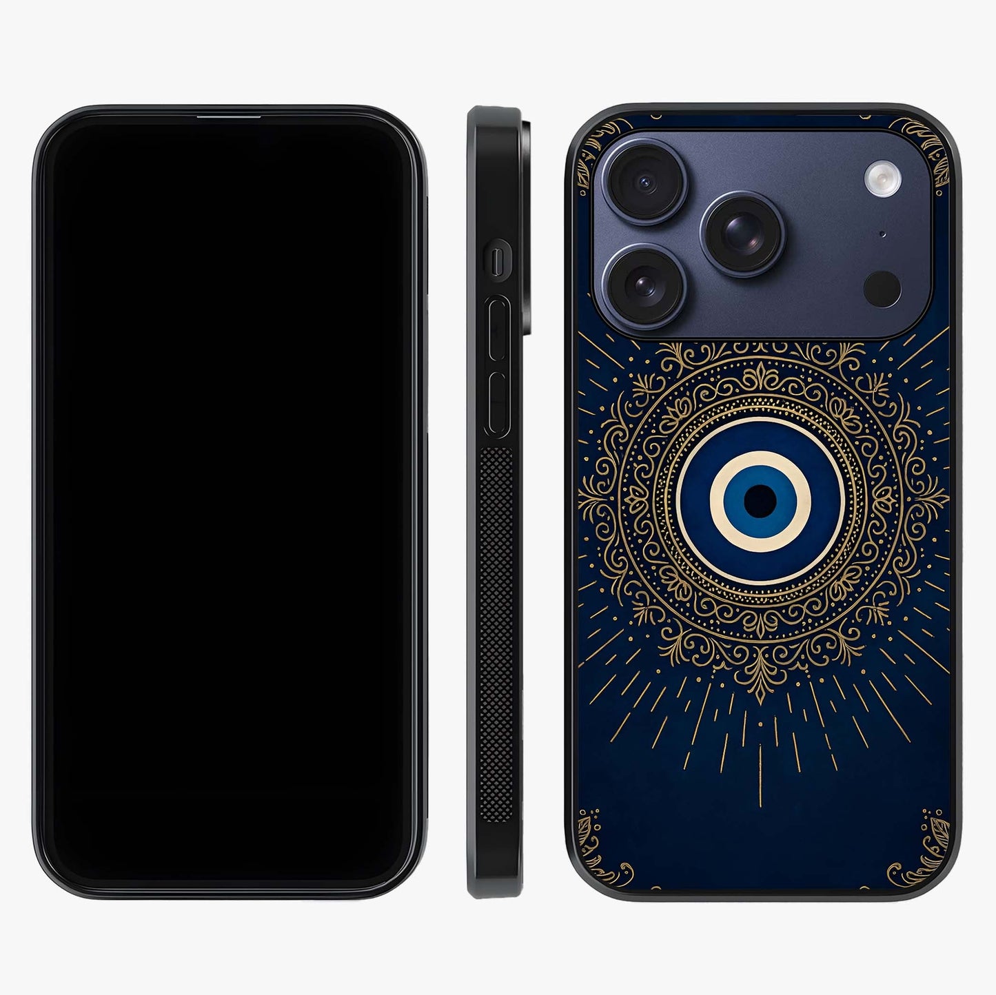 Golden Evil Eye Mandala Glass Case displayed upright for full design visibility and premium finish.