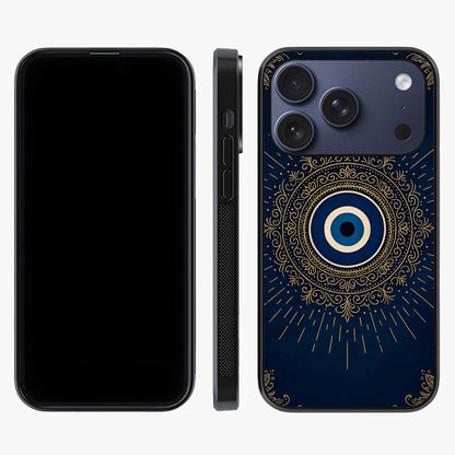 Golden Evil Eye Mandala Glass Case displayed upright for full design visibility and premium finish.