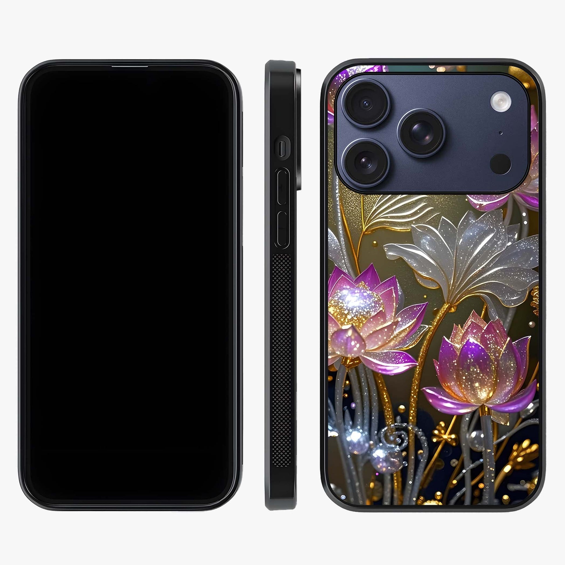 Golden Lotus Glow Glass Case displayed upright for full design visibility and premium finish.