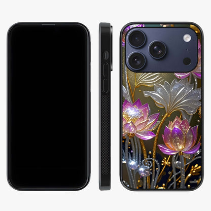 Golden Lotus Glow Glass Case displayed upright for full design visibility and premium finish.
