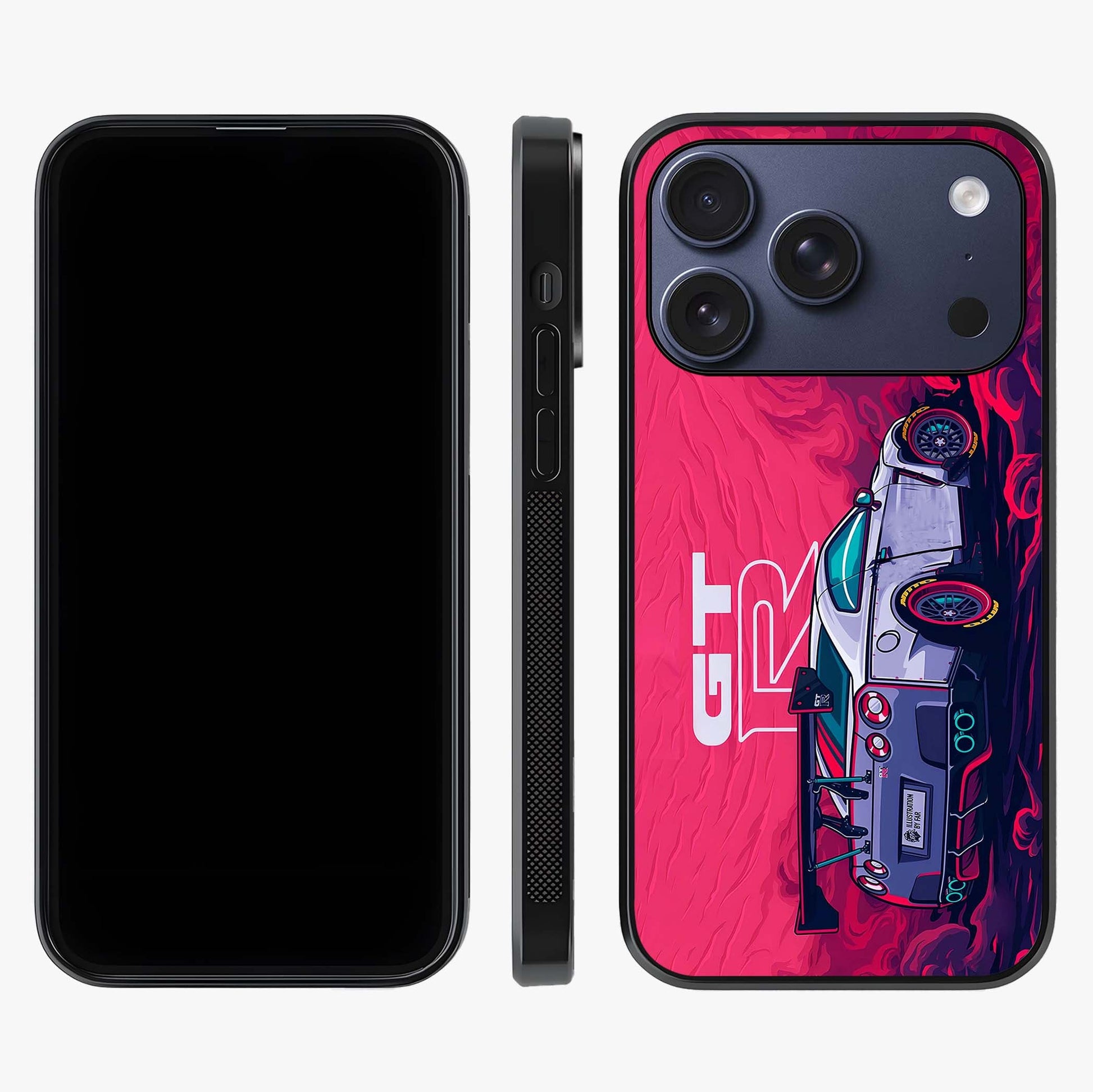 GT R Car Pattern Glass Case displayed upright for full design visibility and premium finish.