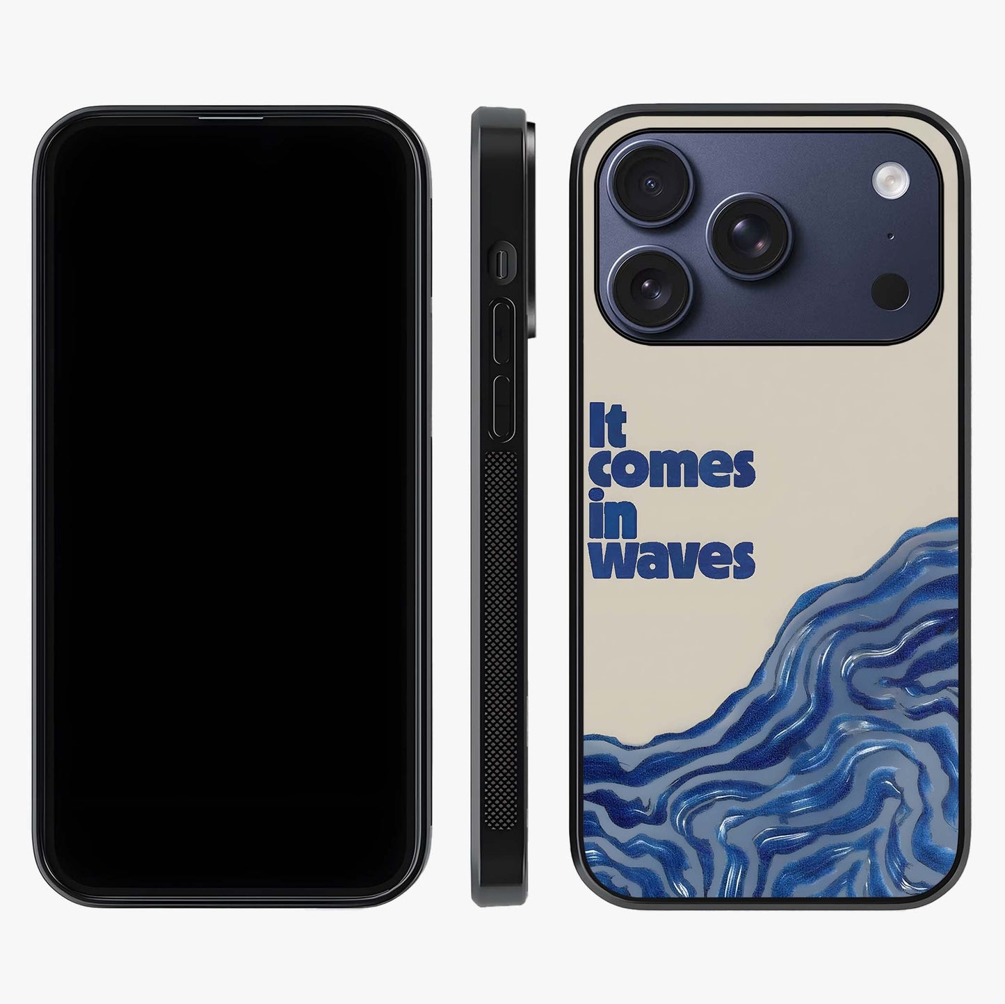 It Comes In Waves Quote Glass Case displayed upright for full design visibility and premium finish.