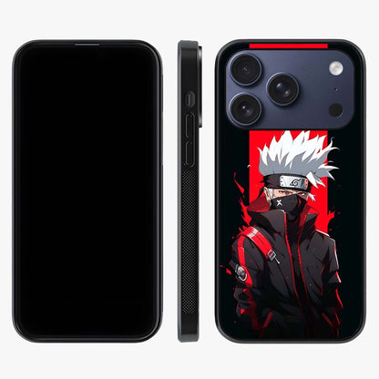 Kakashi Scarlet Shadow Glass Case displayed upright for full design visibility and premium finish.