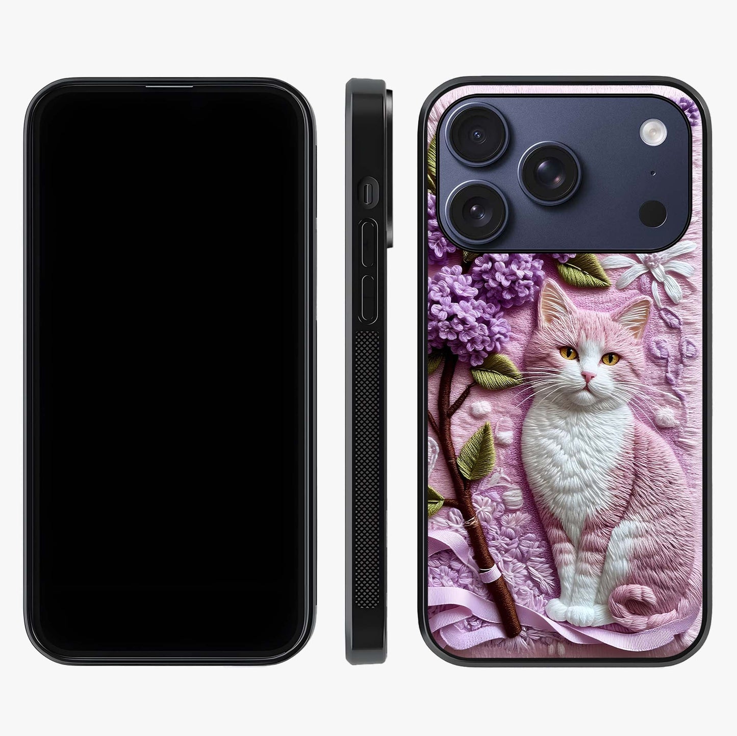 Lavender Cat Whimsy Glass Case displayed upright for full design visibility and premium finish.