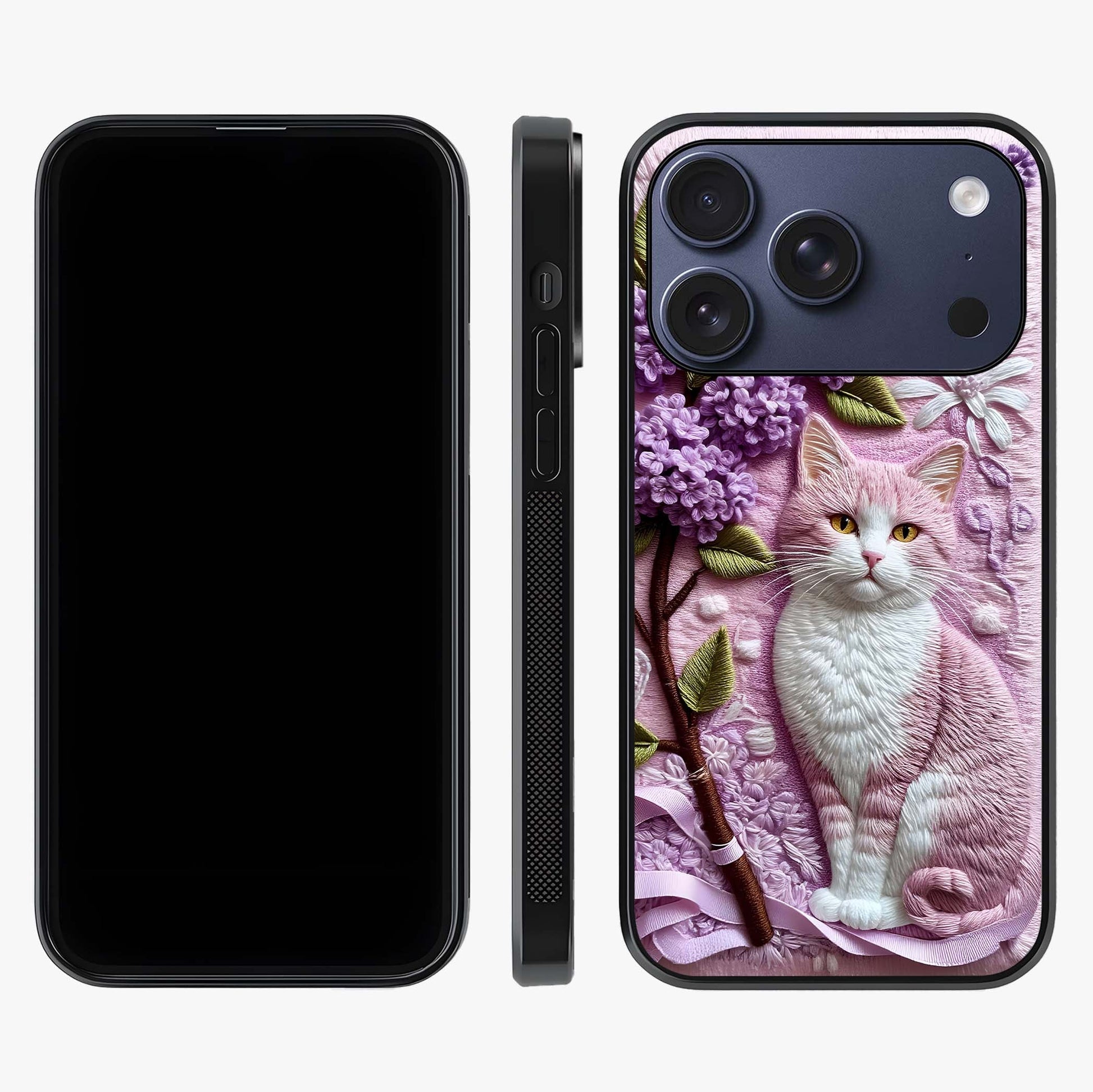 Lavender Cat Whimsy Glass Case displayed upright for full design visibility and premium finish.