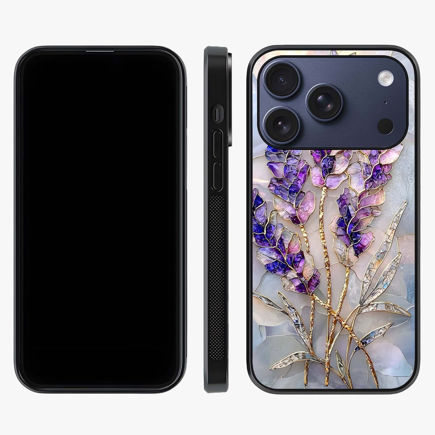 Lavender Dream Glow Glass Case displayed upright for full design visibility and premium finish.