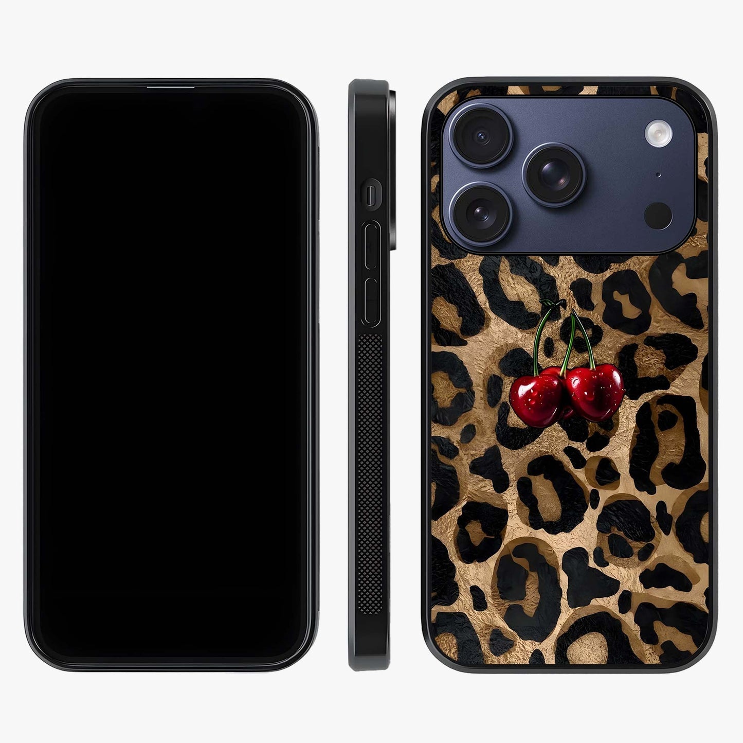 Leopard Wild Cherry Glass Case displayed upright for full design visibility and premium finish.