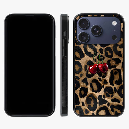 Leopard Wild Cherry Glass Case displayed upright for full design visibility and premium finish.