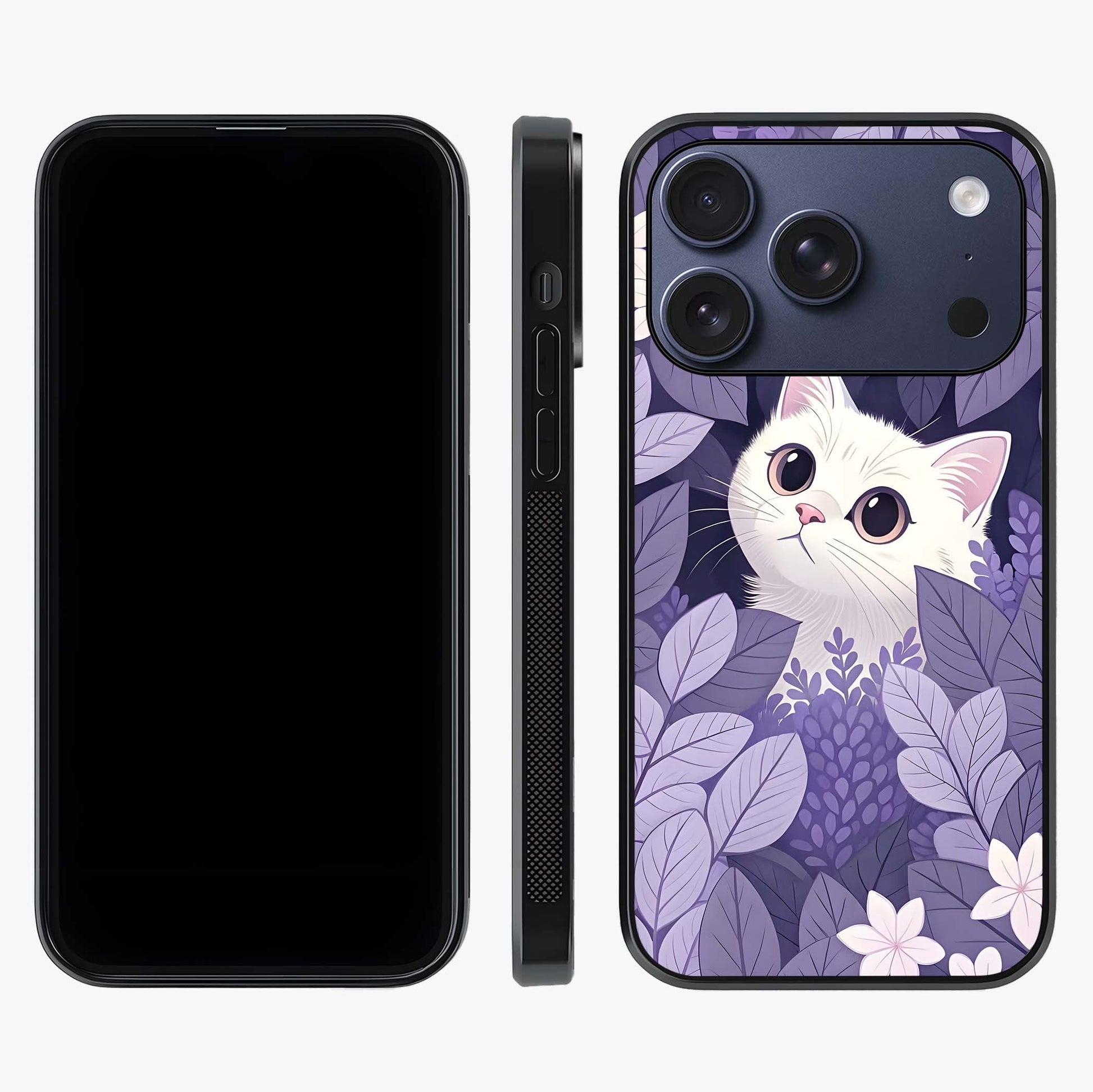 Lilac Hide Peek Cat Glass Case displayed upright for full design visibility and premium finish.