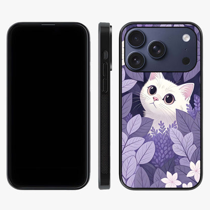 Lilac Hide Peek Cat Glass Case displayed upright for full design visibility and premium finish.