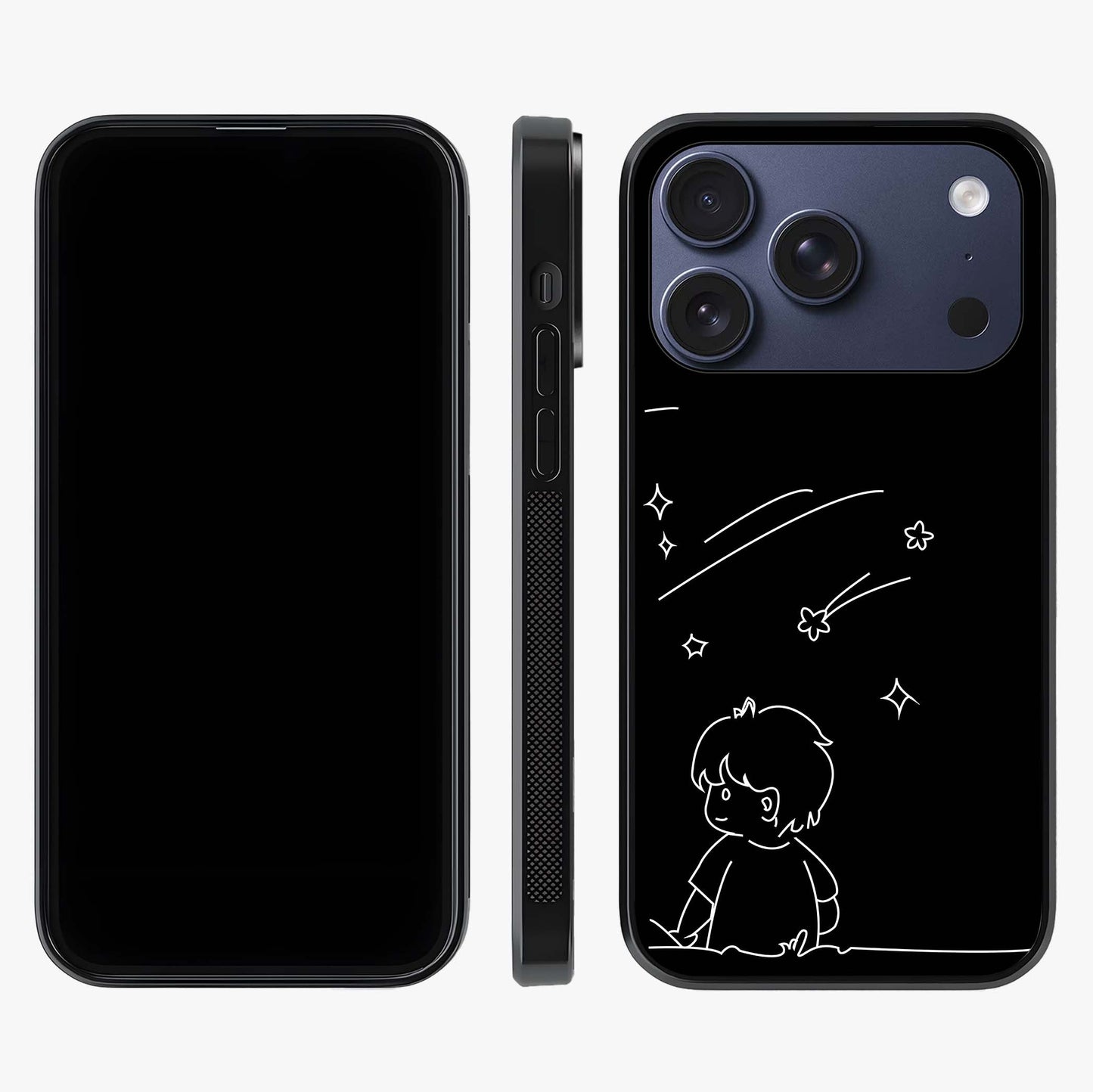 Line Art Boy With Shooting Stars Glass Case displayed upright for full design visibility and premium finish.