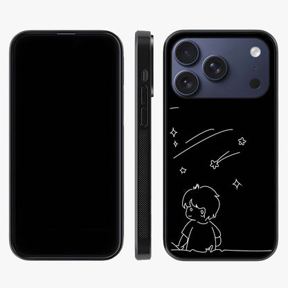 Line Art Boy With Shooting Stars Glass Case displayed upright for full design visibility and premium finish.