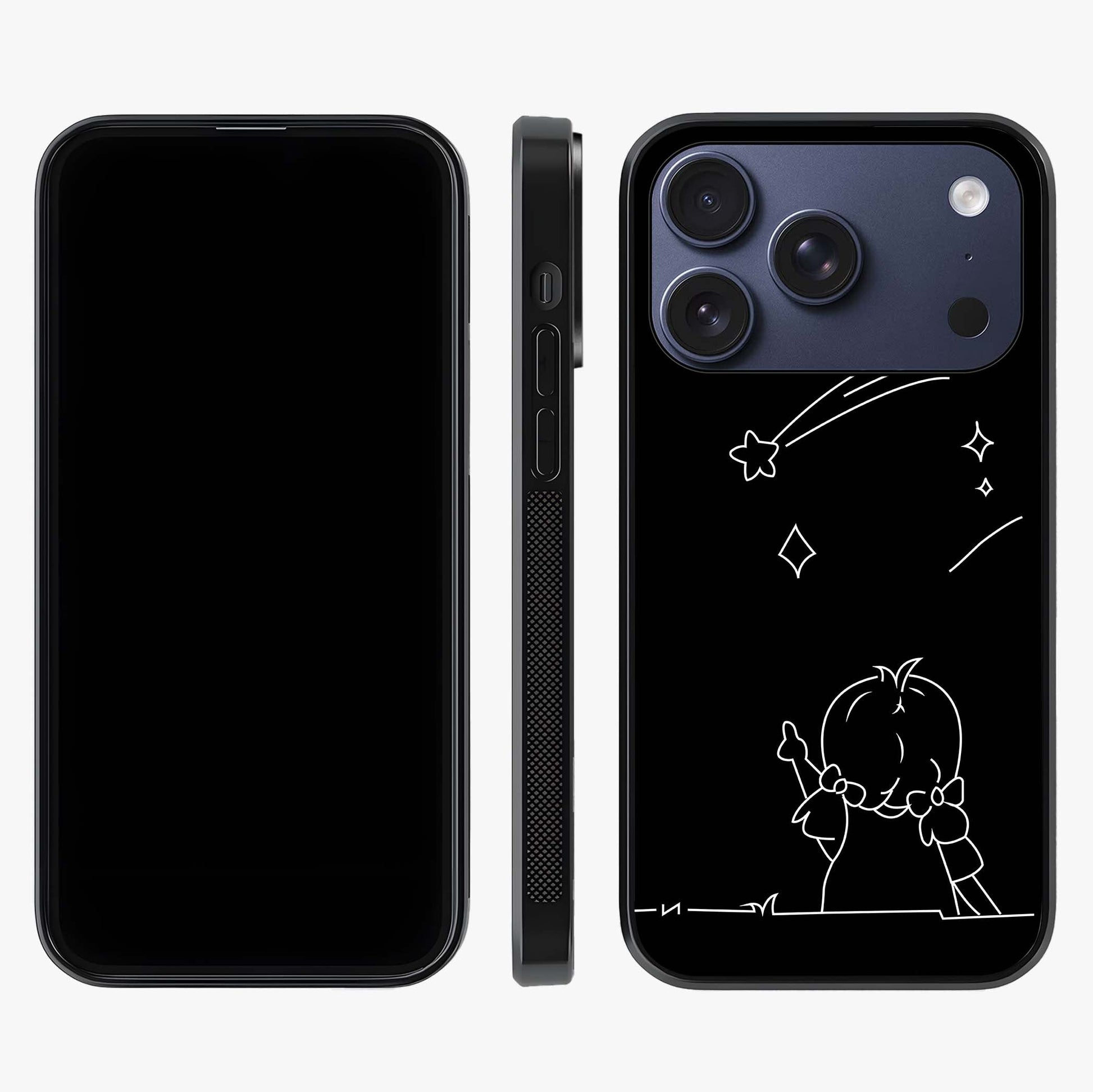 Line Art Girl With Shooting Stars Glass Case displayed upright for full design visibility and premium finish.