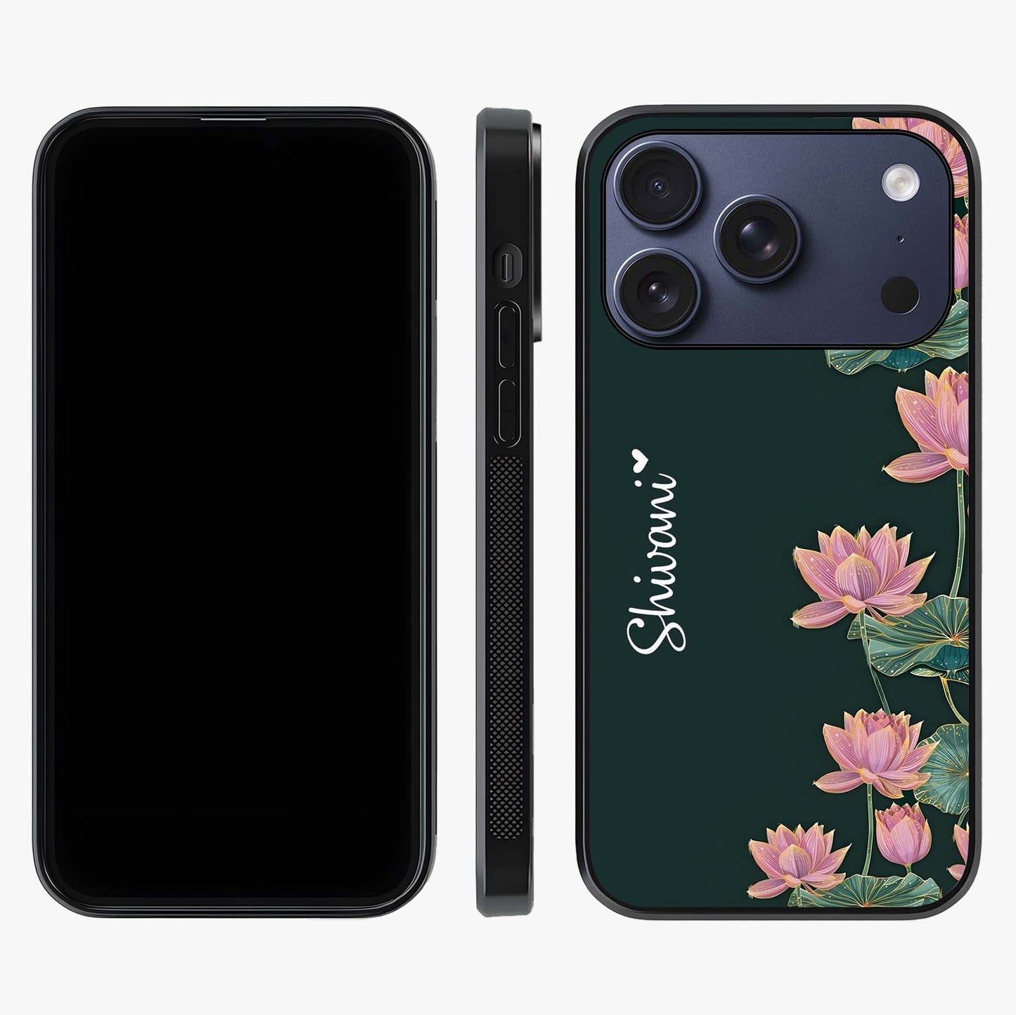 Lotus Bloom Serenity Custom Name Glass Case displayed upright for full design visibility and premium finish.