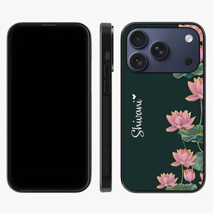 Lotus Bloom Serenity Custom Name Glass Case displayed upright for full design visibility and premium finish.