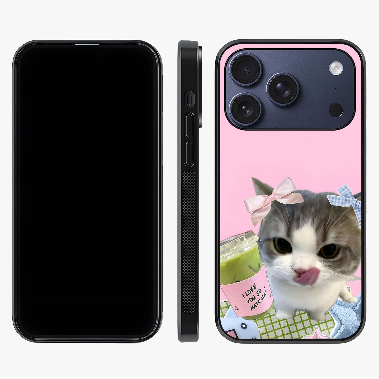 Love Matcha Cat Glass Case displayed upright for full design visibility and premium finish.