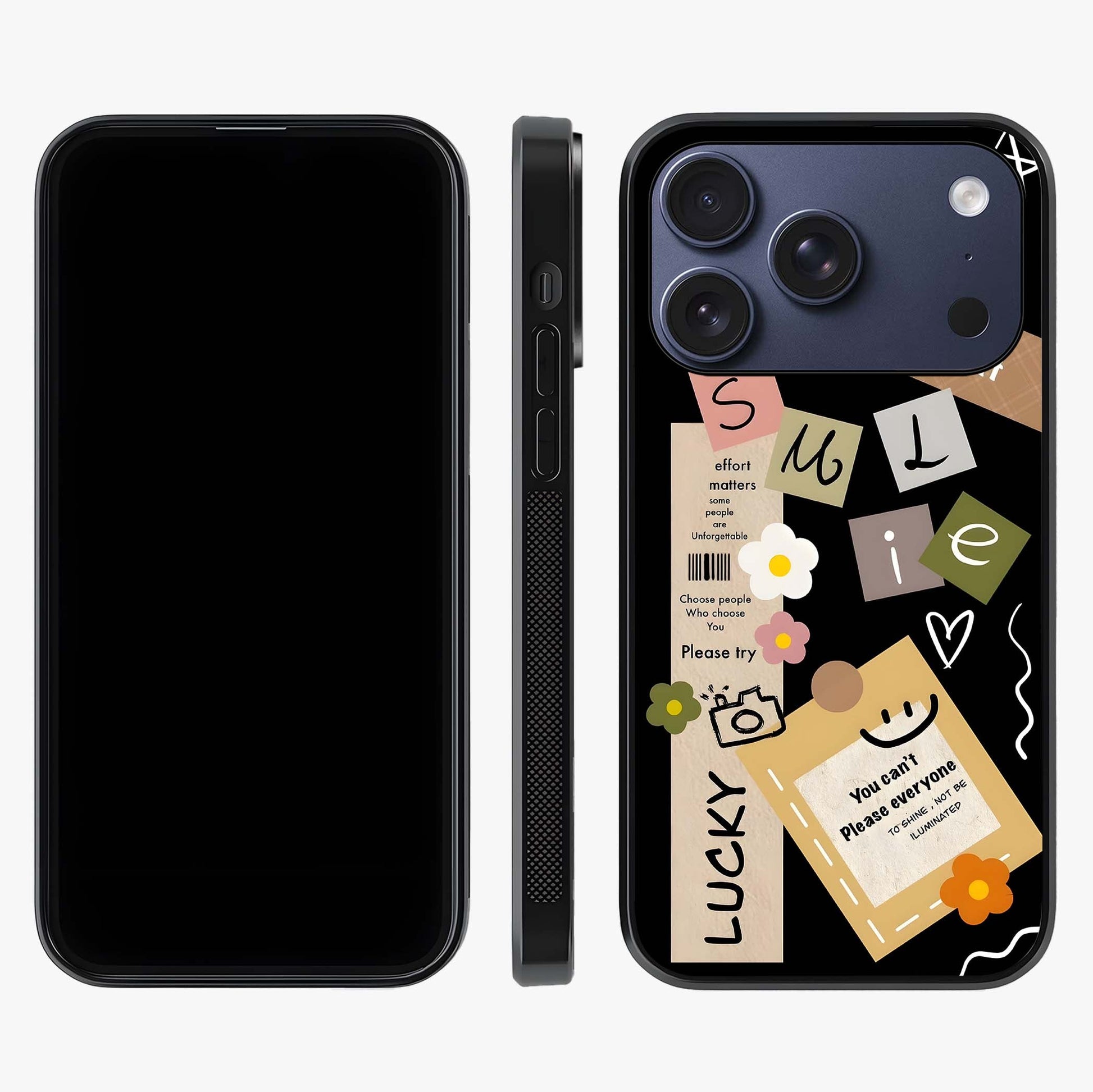 Lucky Aesthetic Collage Glass Case displayed upright for full design visibility and premium finish.