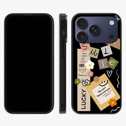 Lucky Aesthetic Collage Glass Case displayed upright for full design visibility and premium finish.