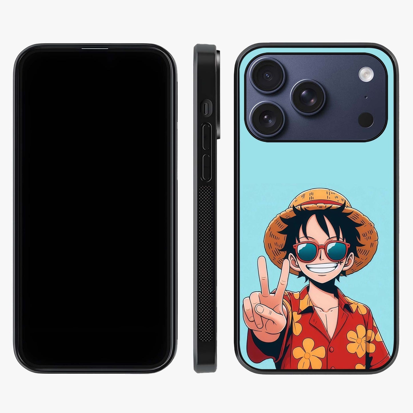 Luffy Summer Anime Vibe Glass Case displayed upright for full design visibility and premium finish.