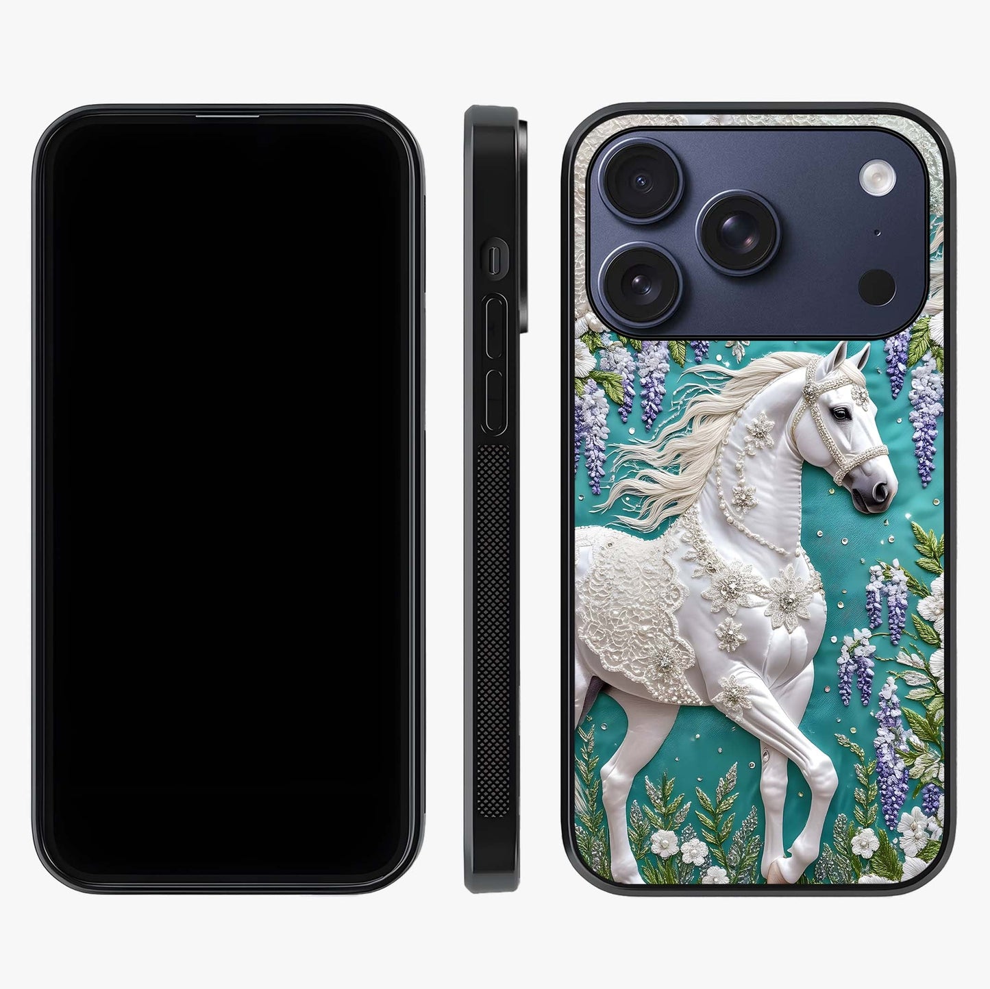 Majestic Floral Stallion Glass Case displayed upright for full design visibility and premium finish.