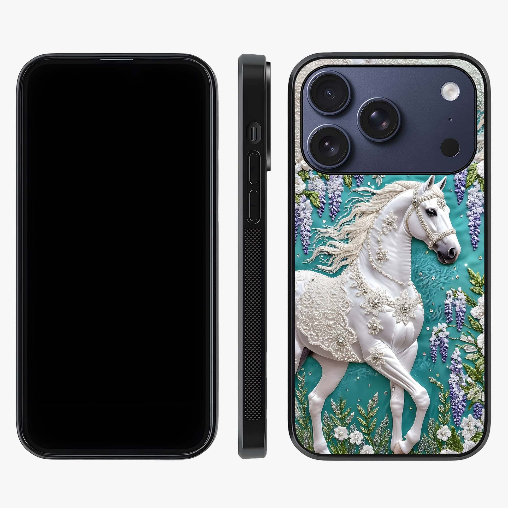 Majestic Floral Stallion Glass Case displayed upright for full design visibility and premium finish.
