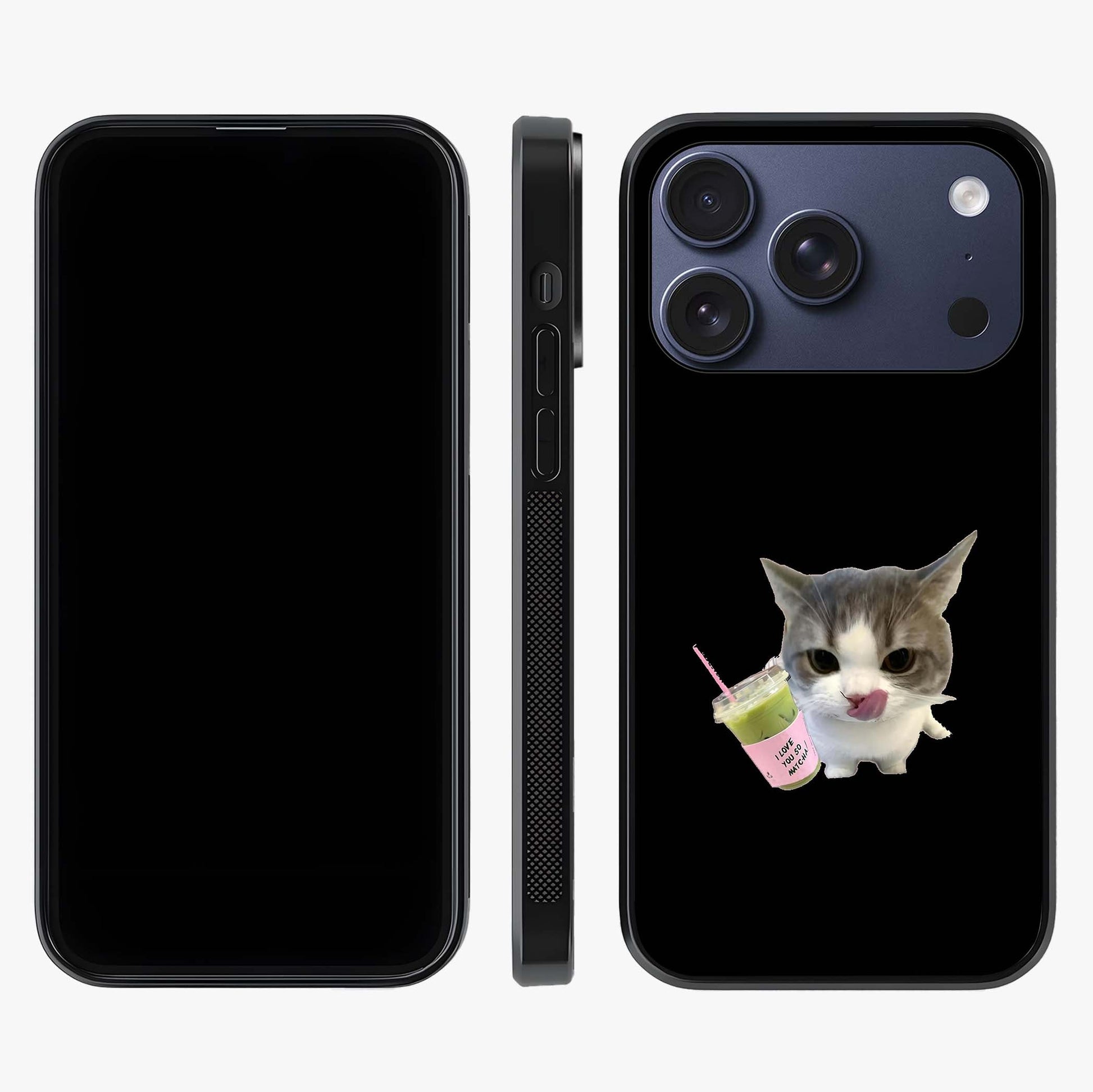 Matcha Cat Style Glass Case displayed upright for full design visibility and premium finish.