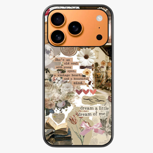 Aesthetic Brown Vintage Collage Glass Case captured at a warm angle highlighting gloss, texture and premium glass finish.