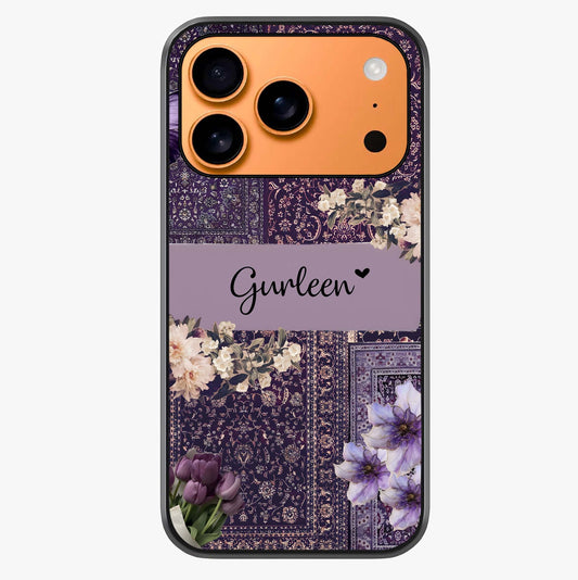 Antique Floral Whisper Custom Name Glass Case captured at a warm angle highlighting gloss, texture and premium glass finish.