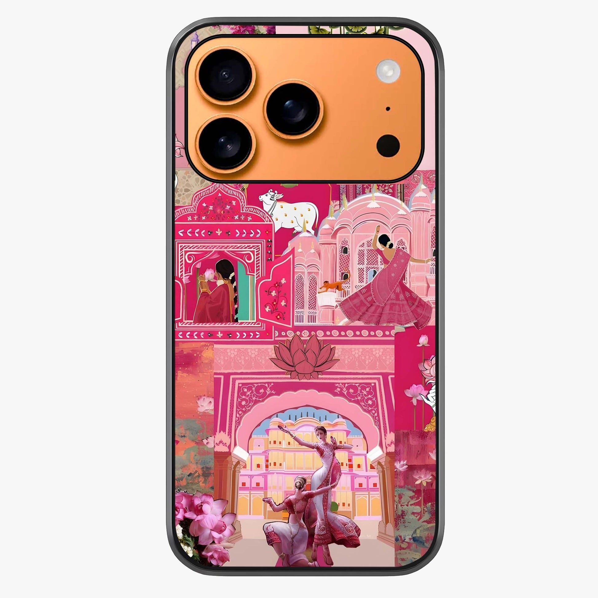 Blossoms Of Rajasthan Glass Case captured at a warm angle highlighting gloss, texture and premium glass finish.