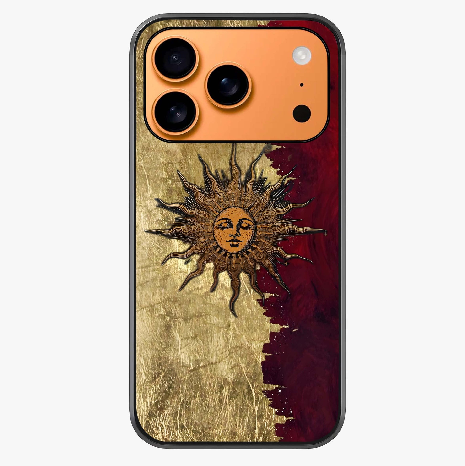 Crimson Sun Majesty Glass Case captured at a warm angle highlighting gloss, texture and premium glass finish.