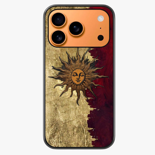 Crimson Sun Majesty Glass Case captured at a warm angle highlighting gloss, texture and premium glass finish.