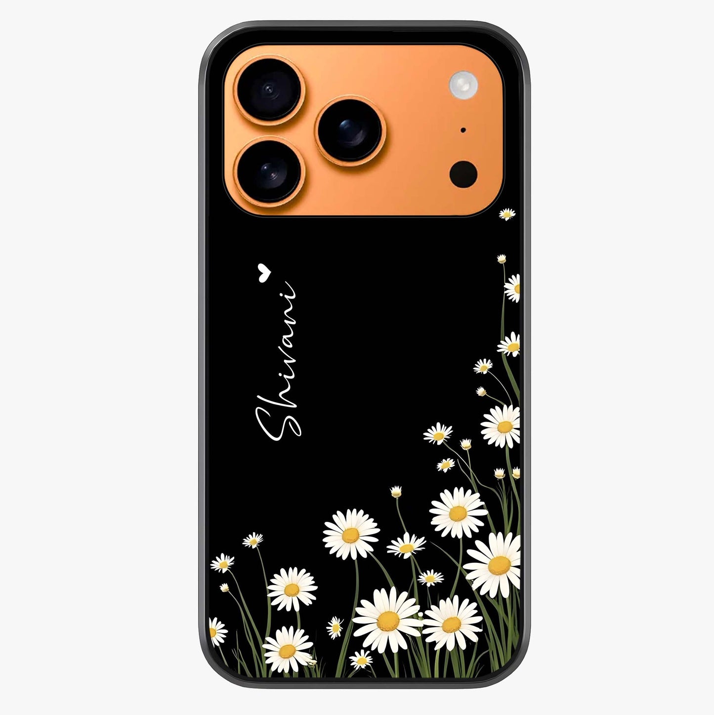 Daisy Cascade Custom Name Glass Case captured at a warm angle highlighting gloss, texture and premium glass finish.