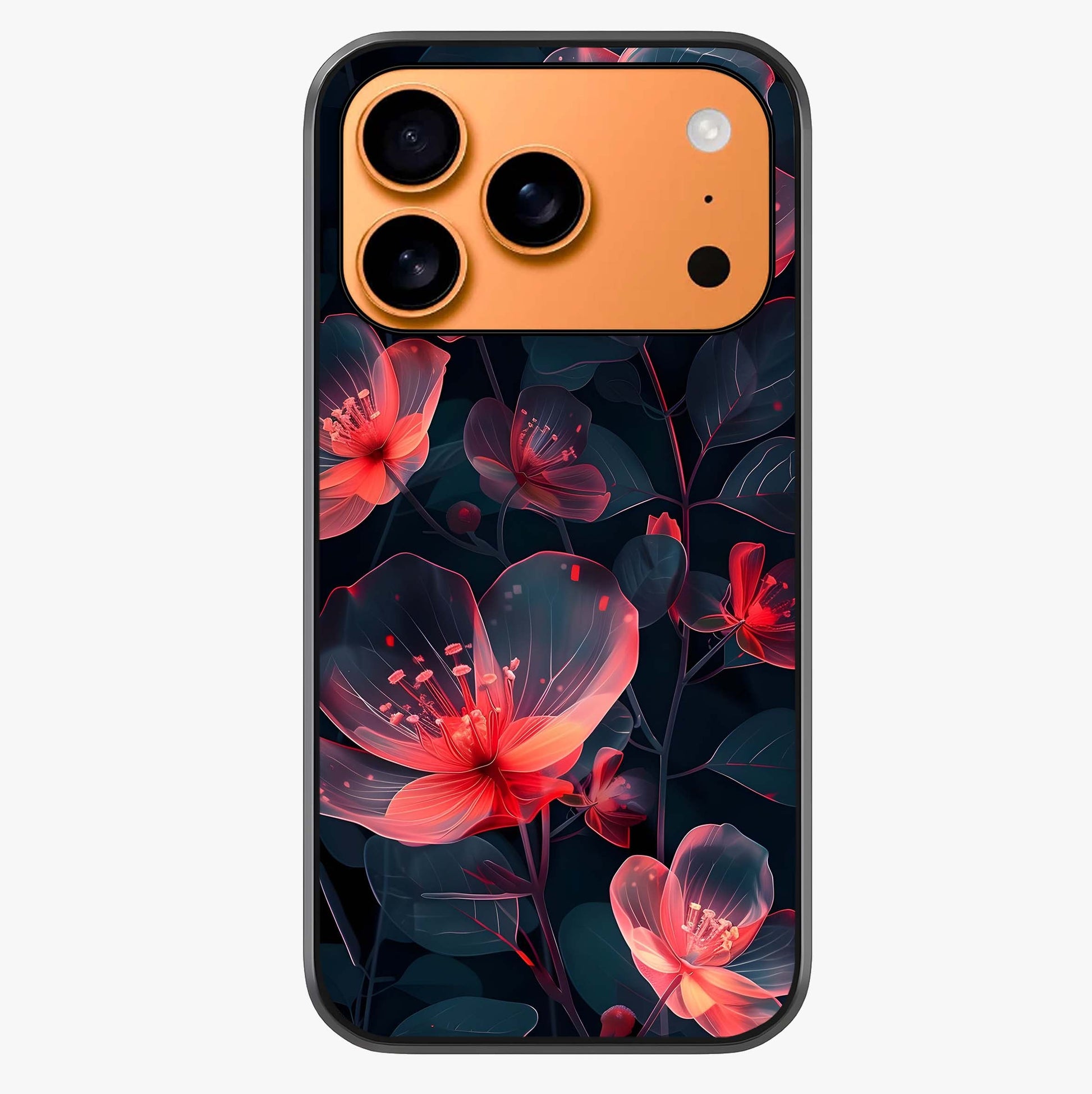 Dark Shade Of Flower Glass Case captured at a warm angle highlighting gloss, texture and premium glass finish.